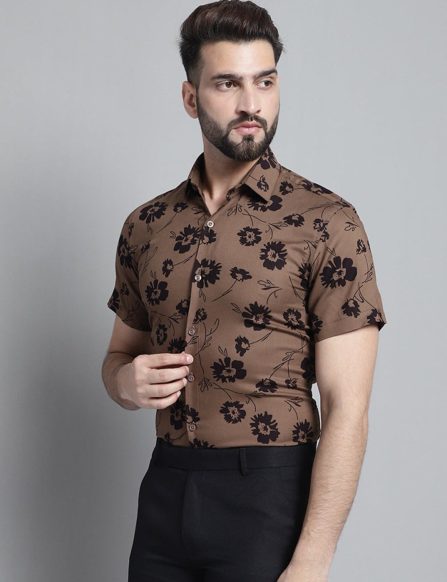 Men's Floral Printed Formal Shirt - SF_881Brown_S