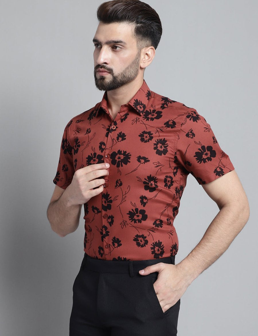 Men's Floral Printed Formal Shirt - SF_881Rust_S