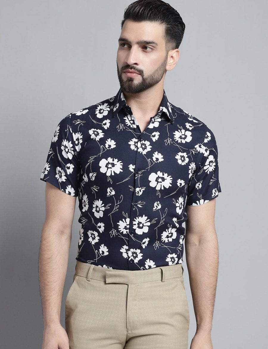 Men's Floral Printed Formal Shirt - SF_881Navy_S