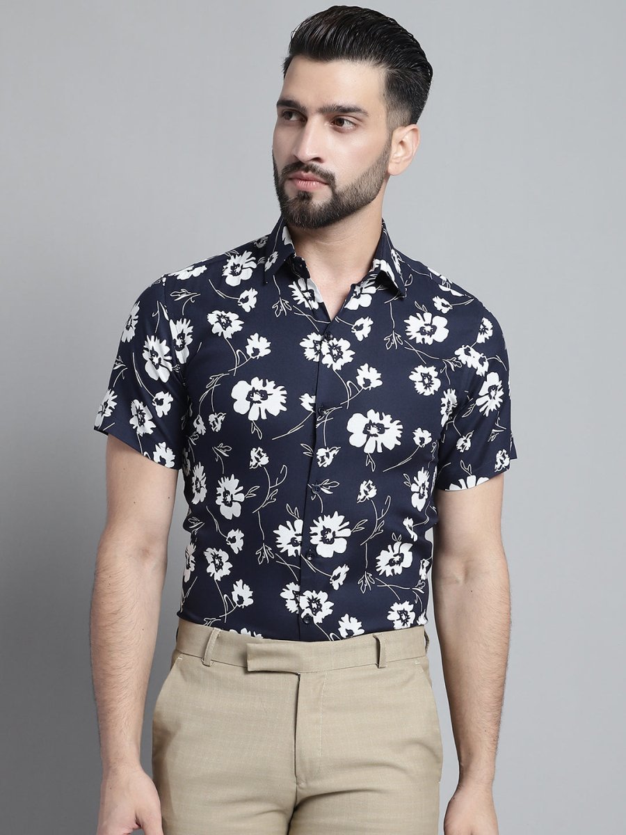 Men's Floral Printed Formal Shirt - SF_881Navy_S