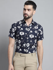Men's Floral Printed Formal Shirt - SF_881Navy_S