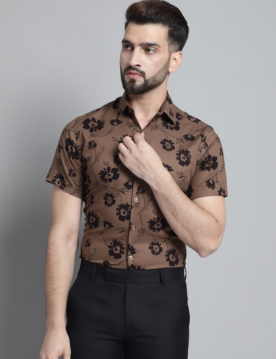 Men's Floral Printed Formal Shirt - SF_881Brown_S