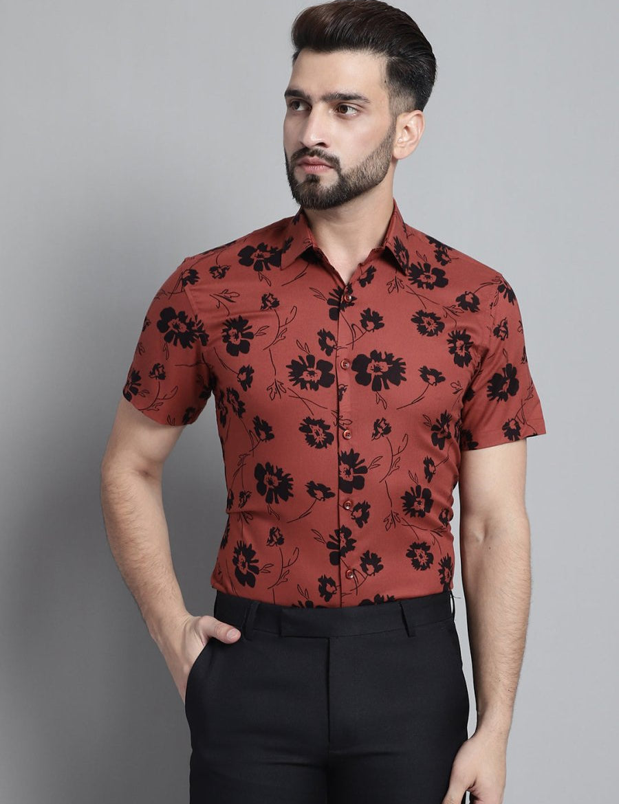 Men's Floral Printed Formal Shirt - SF_881Rust_S