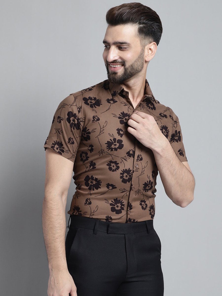 Men's Floral Printed Formal Shirt - SF_881Brown_S