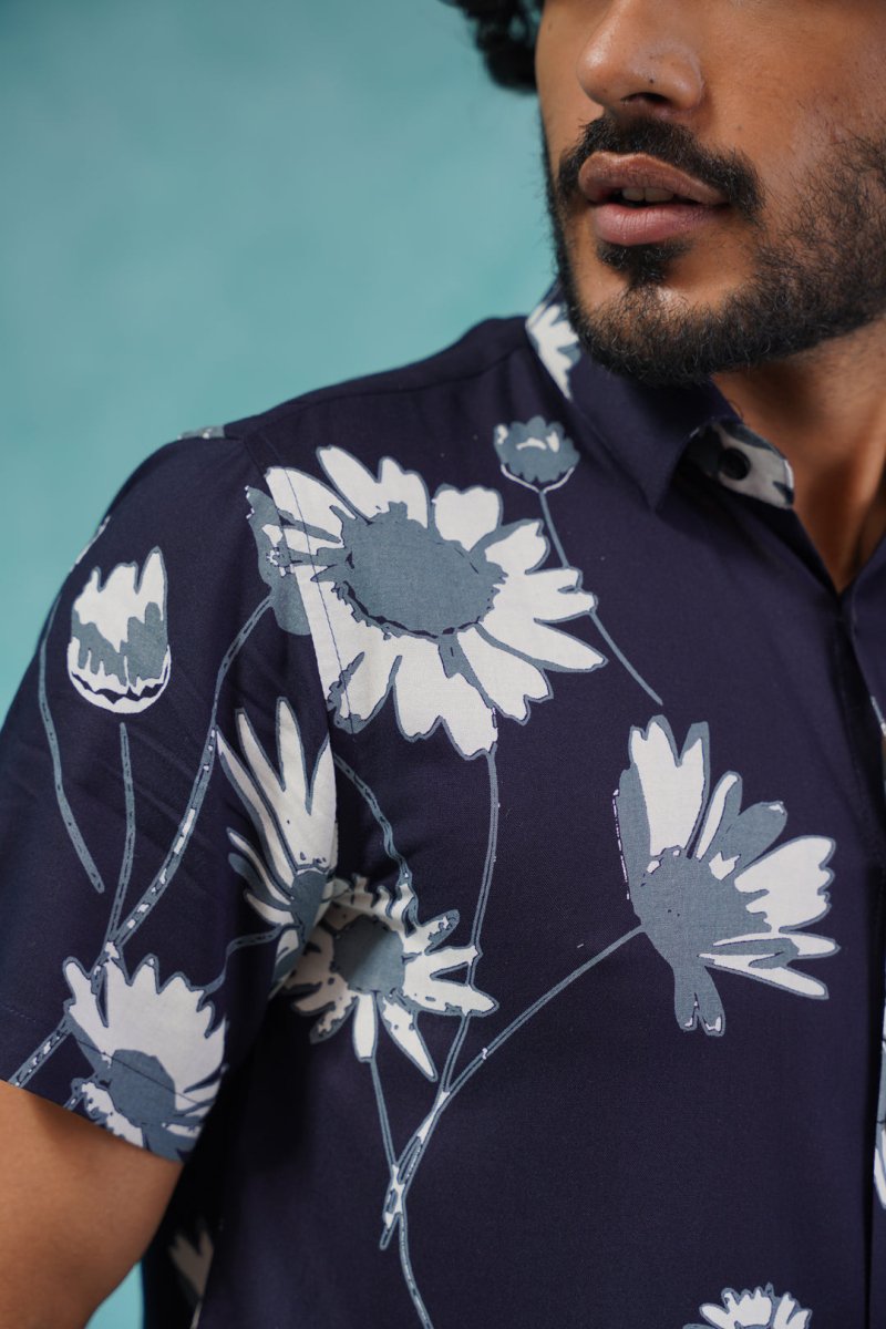 Men's Floral Printed Formal Shirts - SF_896Navy_S