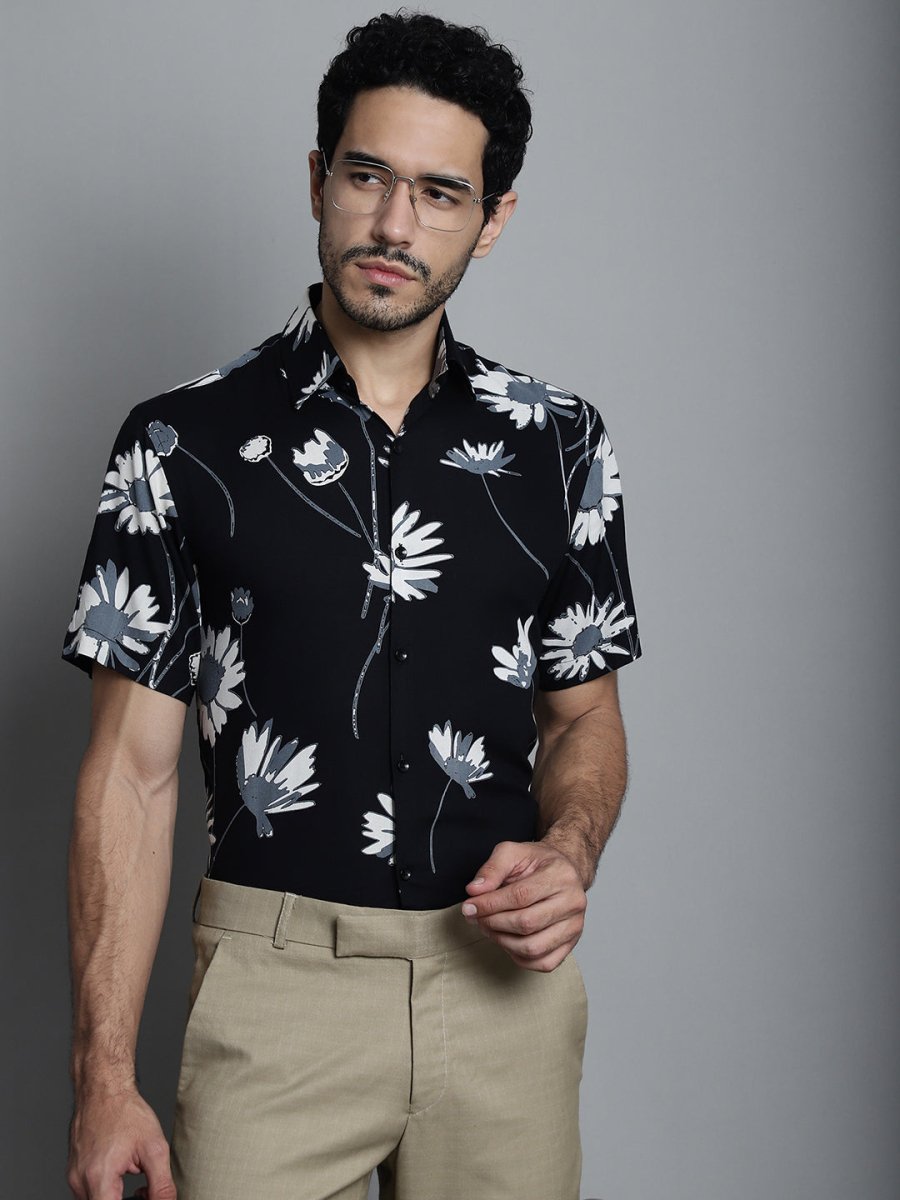Men's Floral Printed Formal Shirts - SF_896Black_S