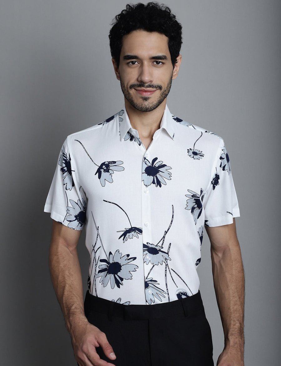 Men's Floral Printed Formal Shirts - SF_896White_S