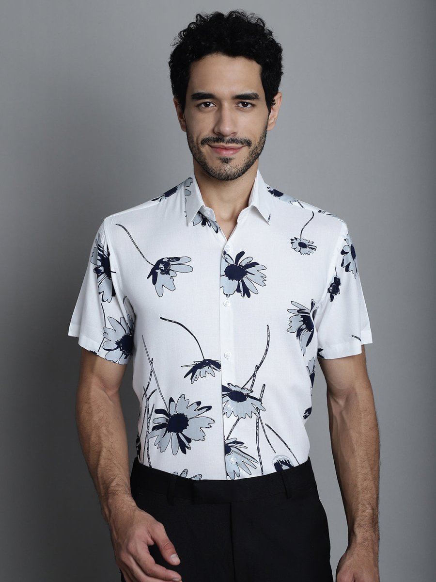 Men's Floral Printed Formal Shirts - SF_896White_S