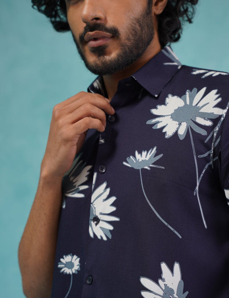 Men's Floral Printed Formal Shirts - SF_896Navy_S