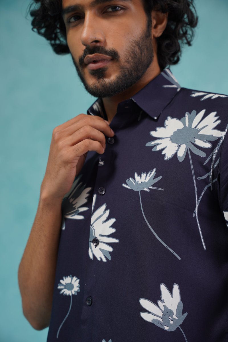Men's Floral Printed Formal Shirts - SF_896Navy_S