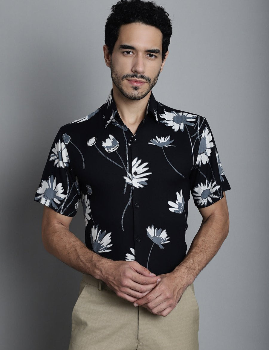 Men's Floral Printed Formal Shirts - SF_896Black_S