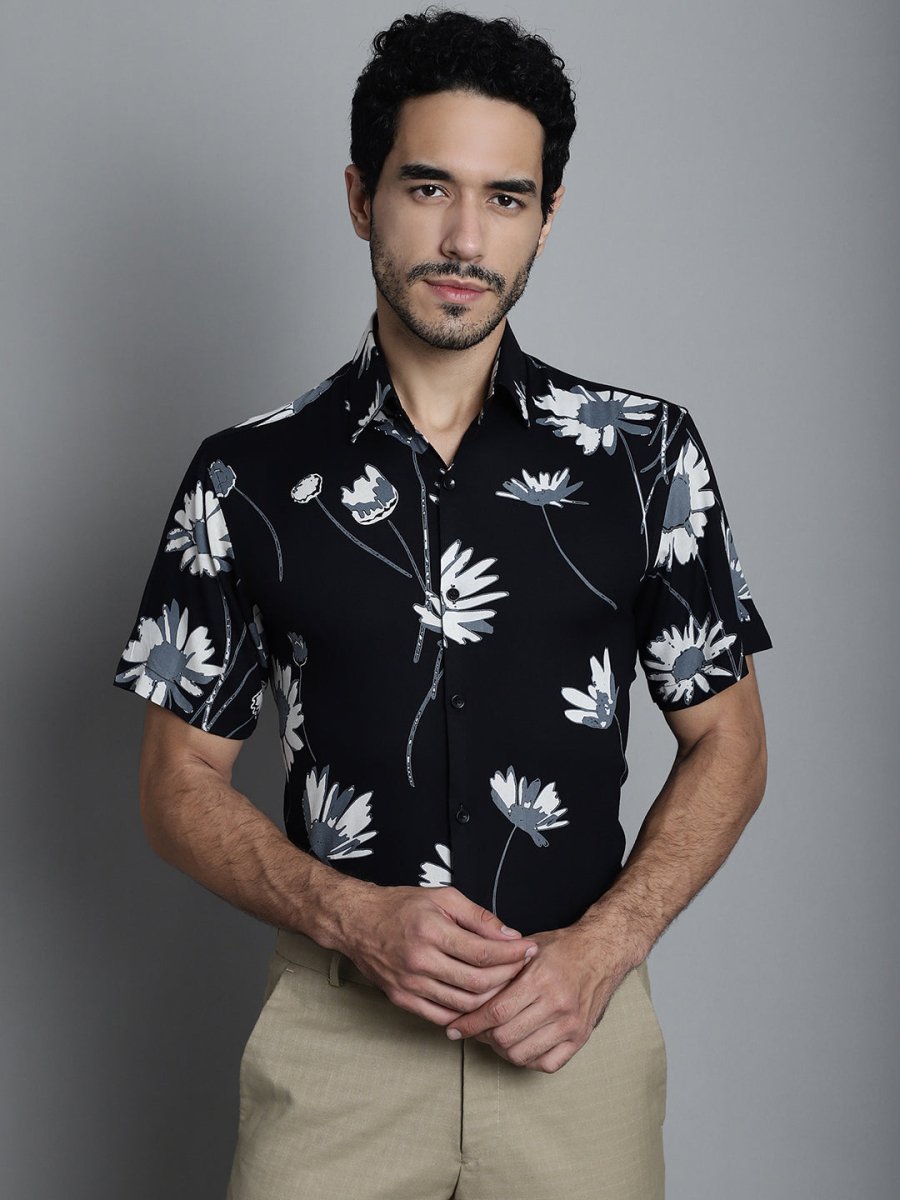 Men's Floral Printed Formal Shirts - SF_896Black_S