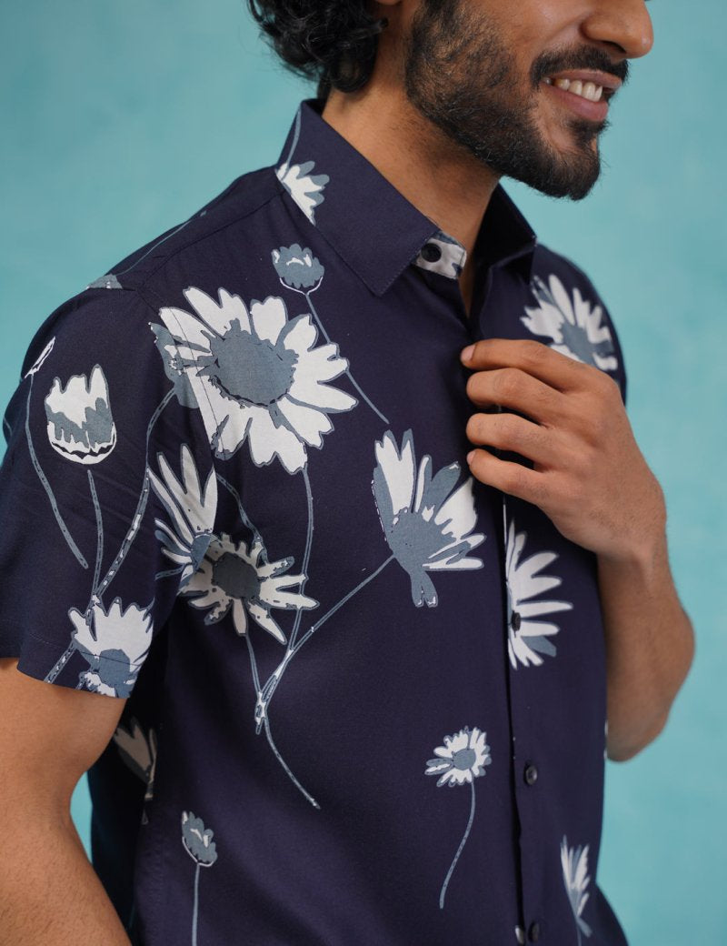 Men's Floral Printed Formal Shirts - SF_896Navy_S