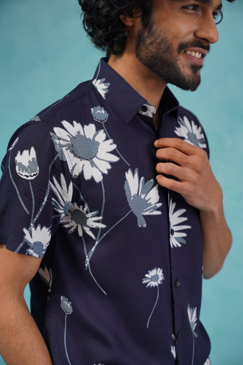 Men's Floral Printed Formal Shirts - SF_896Navy_S