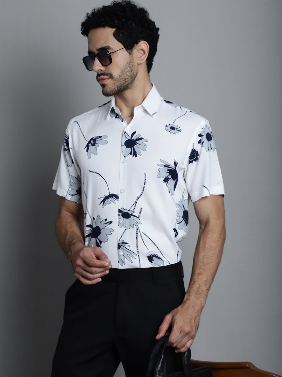 Men's Floral Printed Formal Shirts - SF_896White_S