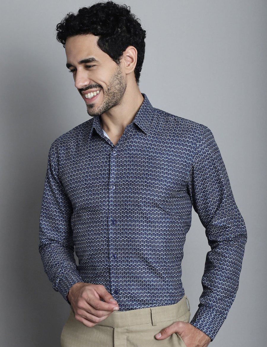 Men's Geomatric Printed Formal Shirts - SF_898Navy_S