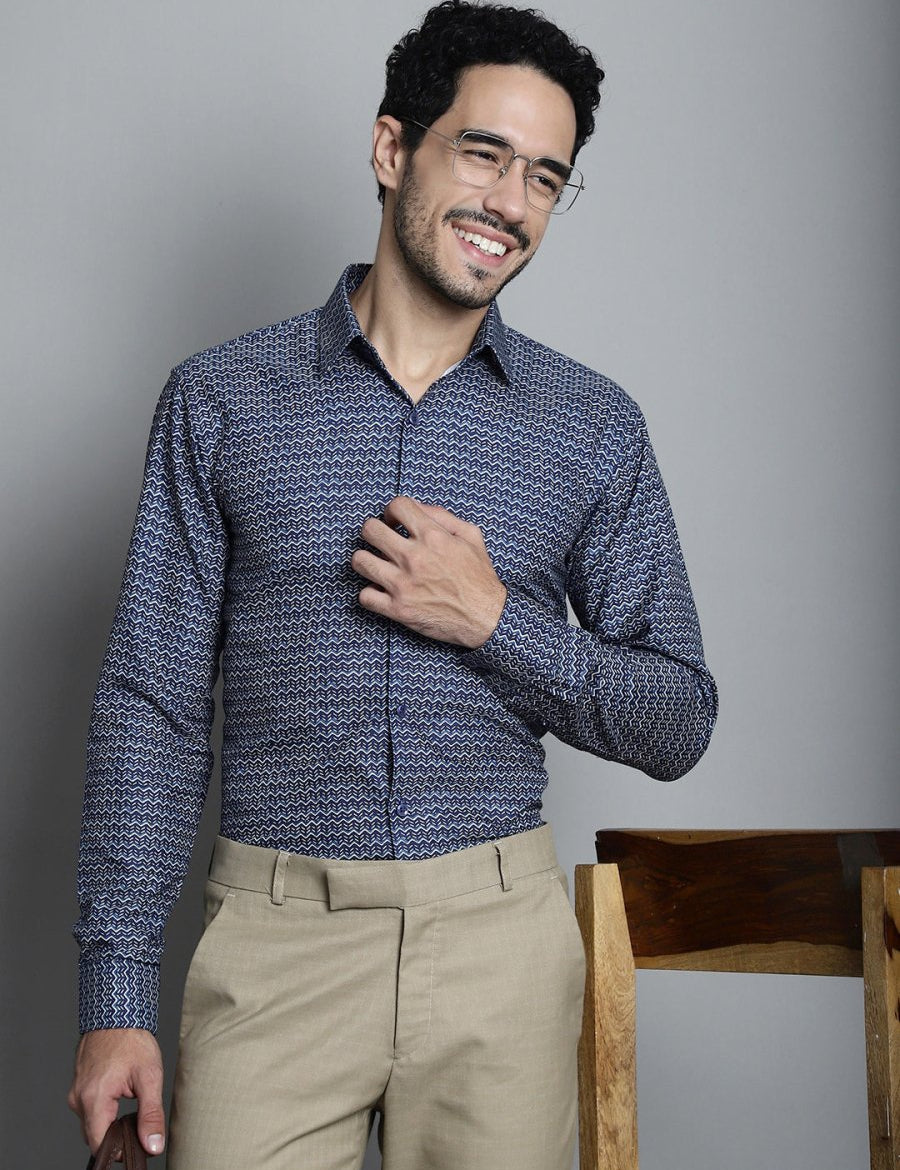 Men's Geomatric Printed Formal Shirts - SF_898Navy_S