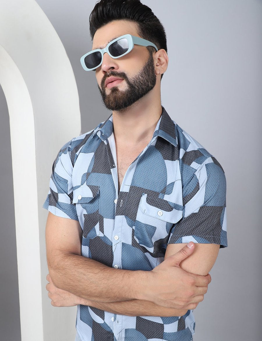 Men's Geometric Printed Cotton Casual Shirt - SF_961Grey_S