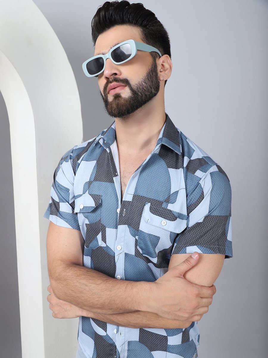 Men's Geometric Printed Cotton Casual Shirt - SF_961Grey_S