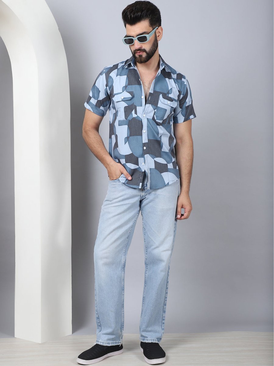 Men's Geometric Printed Cotton Casual Shirt - SF_961Grey_S