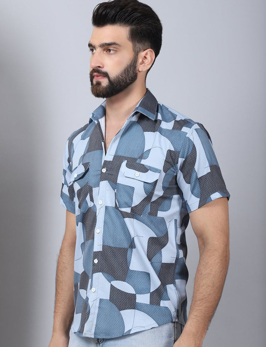 Men's Geometric Printed Cotton Casual Shirt - SF_961Grey_S