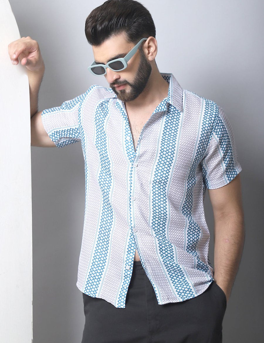 Men's Geometric Printed Cotton Casual Shirt - SF_959Green_S