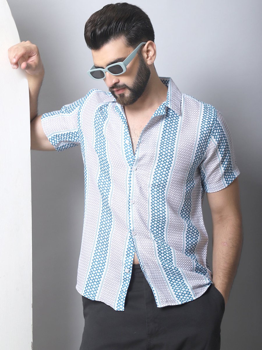 Men's Geometric Printed Cotton Casual Shirt - SF_959Green_S