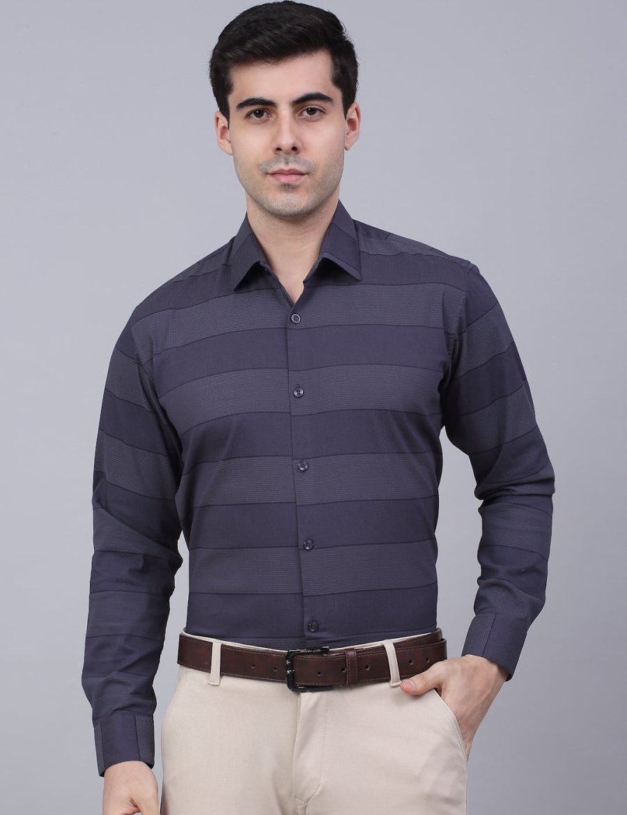 Men's Grey Horizontal Striped Formal Shirt - SF_839Grey_S