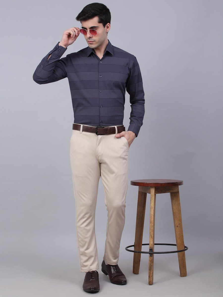 Men's Grey Horizontal Striped Formal Shirt - SF_839Grey_S