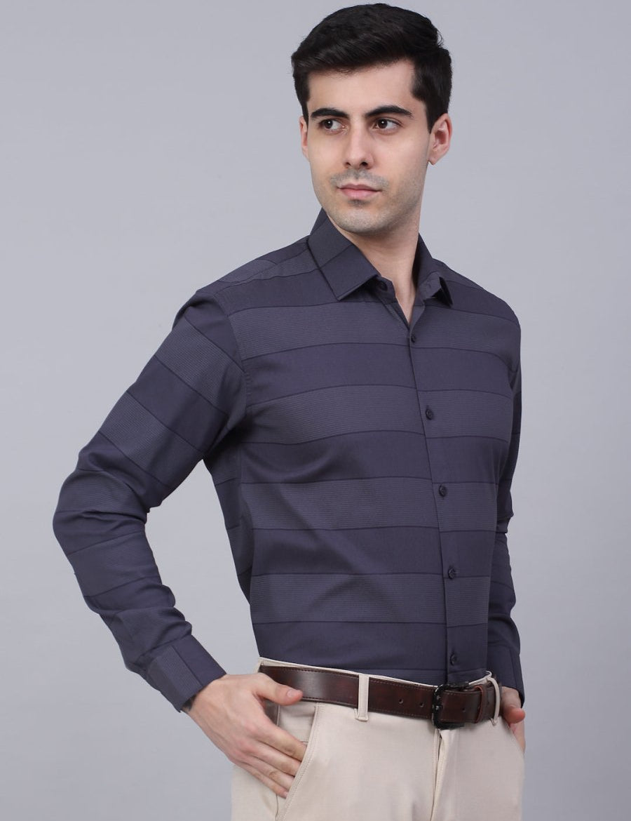 Men's Grey Horizontal Striped Formal Shirt - SF_839Grey_S