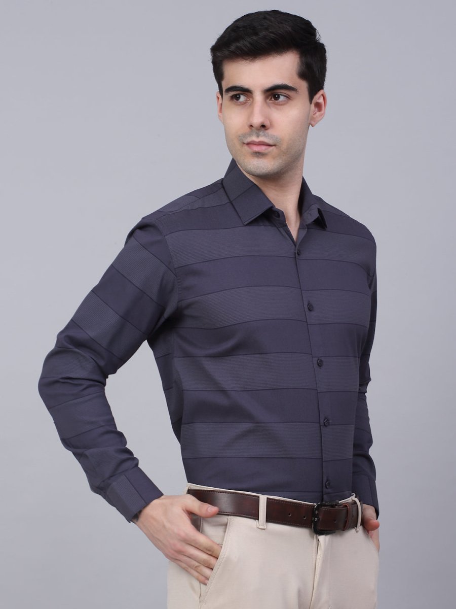 Men's Grey Horizontal Striped Formal Shirt - SF_839Grey_S