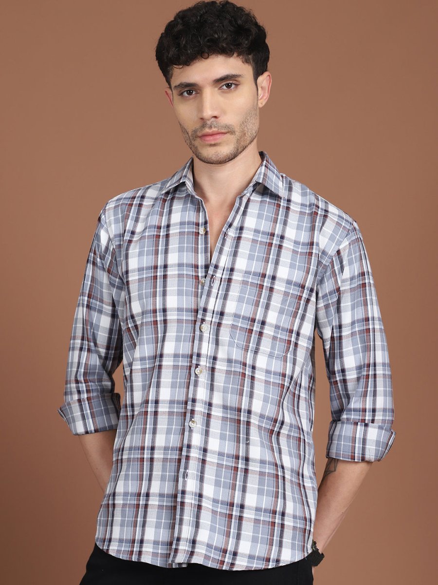Men's Grey Relaxed Fit Checked Casual Shirt - SF_9035Grey_S