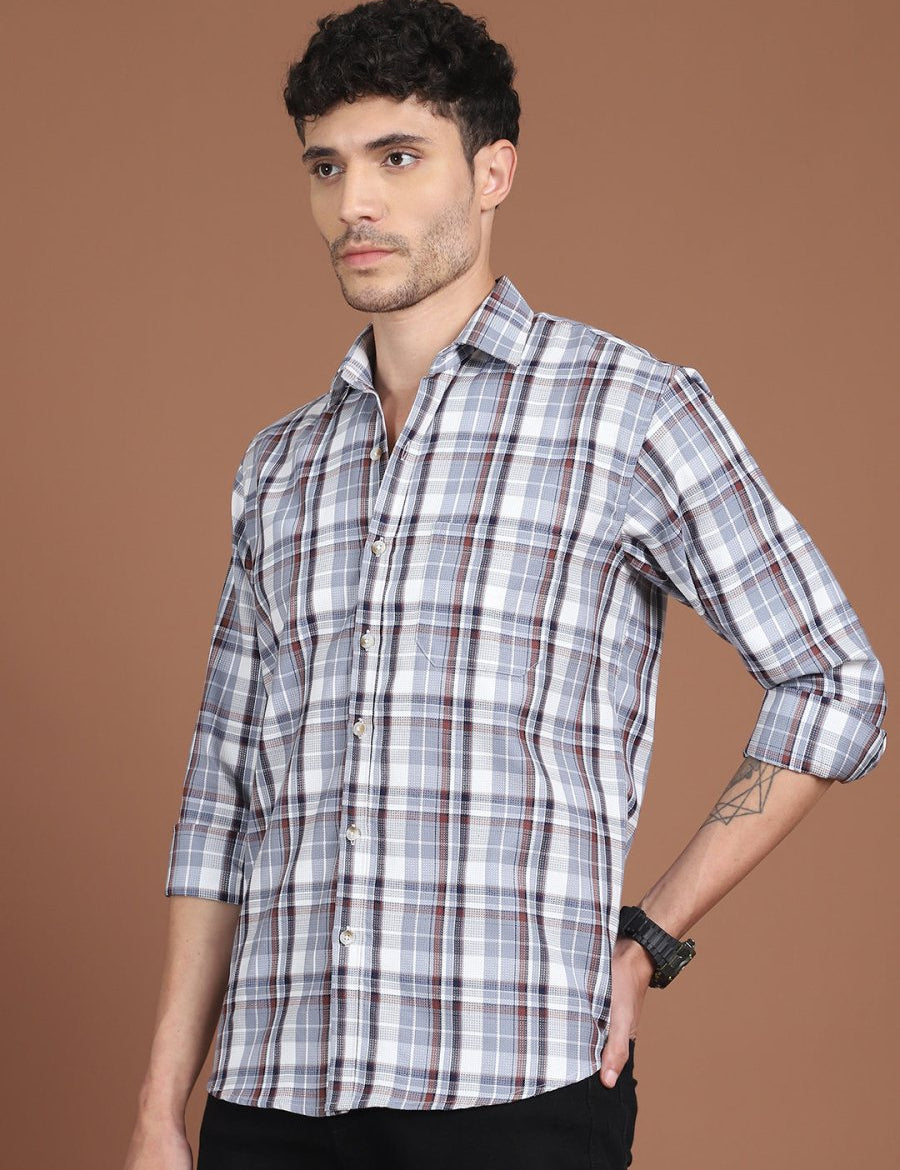 Men's Grey Relaxed Fit Checked Casual Shirt - SF_9035Grey_S