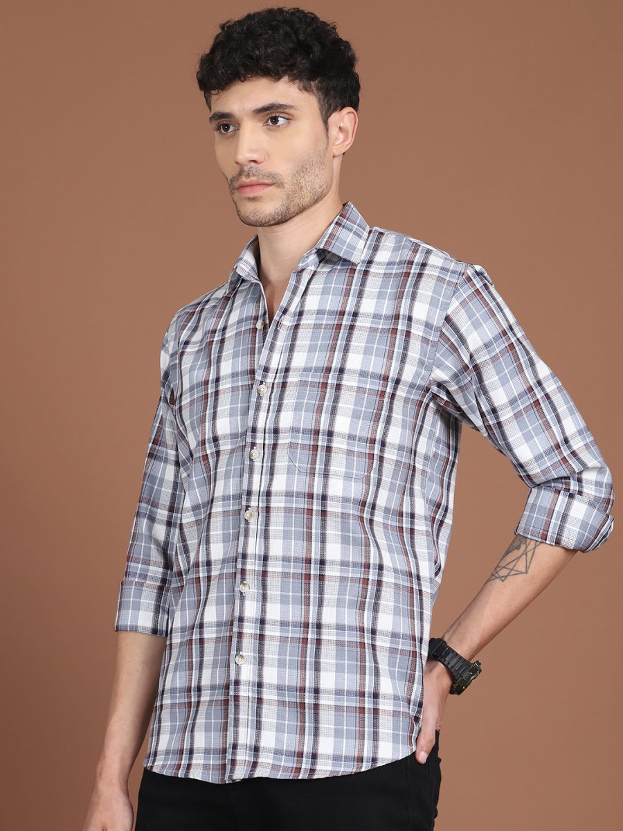 Men's Grey Relaxed Fit Checked Casual Shirt - SF_9035Grey_S