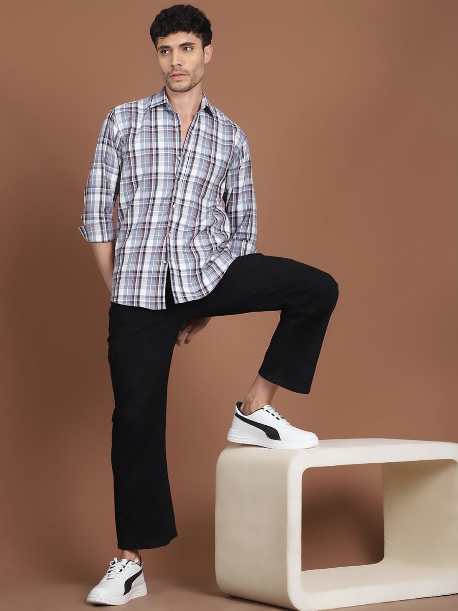 Men's Grey Relaxed Fit Checked Casual Shirt - SF_9035Grey_S