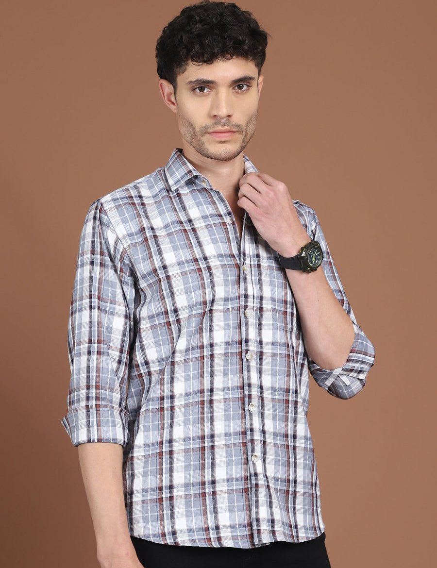 Men's Grey Relaxed Fit Checked Casual Shirt - SF_9035Grey_S