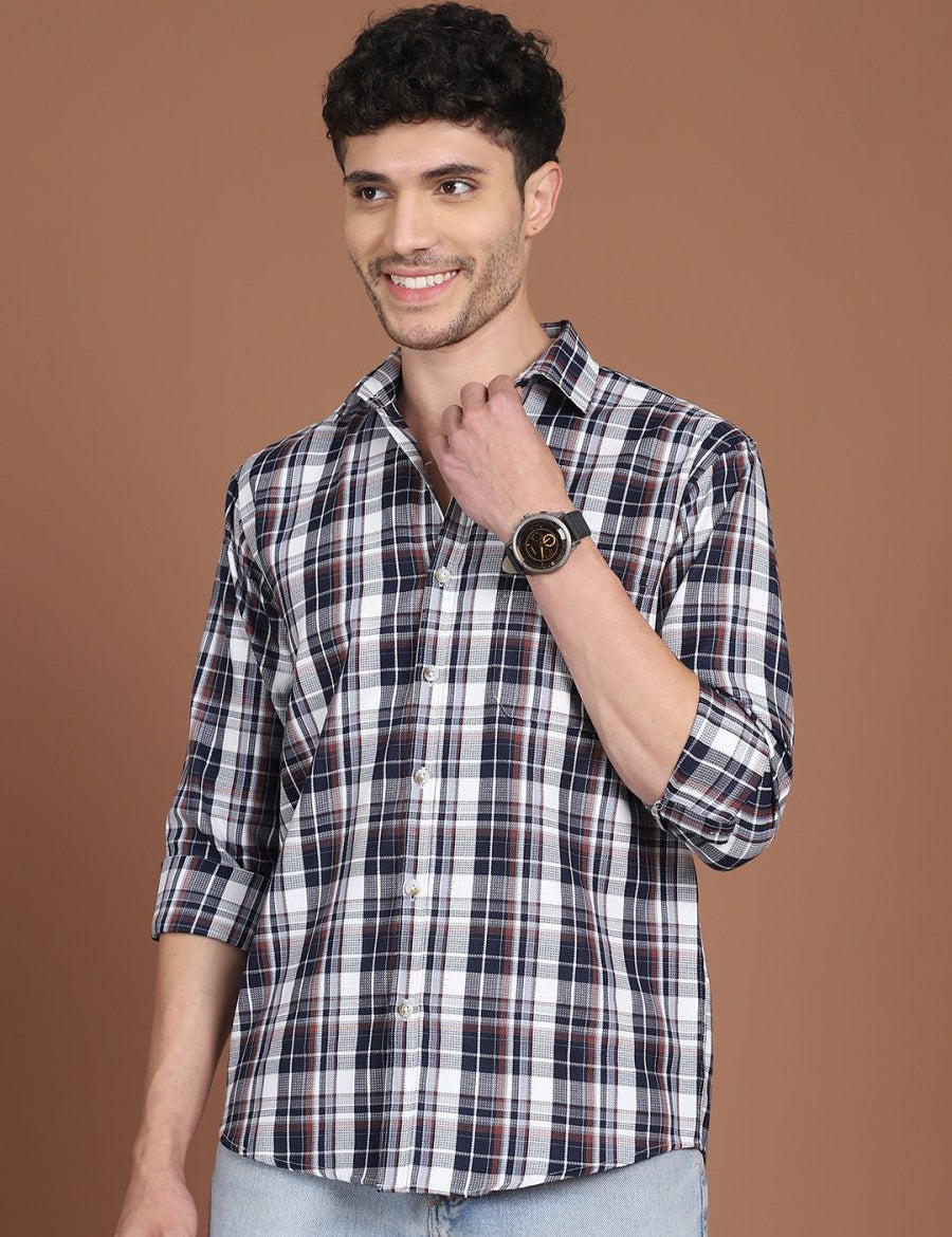 Men's Navy Blue Relaxed Fit Checked Casual Shirt - SF_9035Navy_S