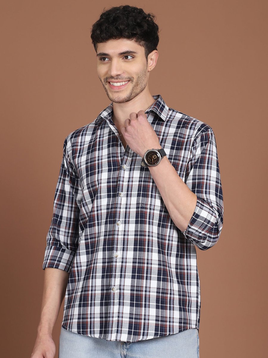 Men's Navy Blue Relaxed Fit Checked Casual Shirt - SF_9035Navy_S