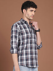 Men's Navy Blue Relaxed Fit Checked Casual Shirt - SF_9035Navy_S