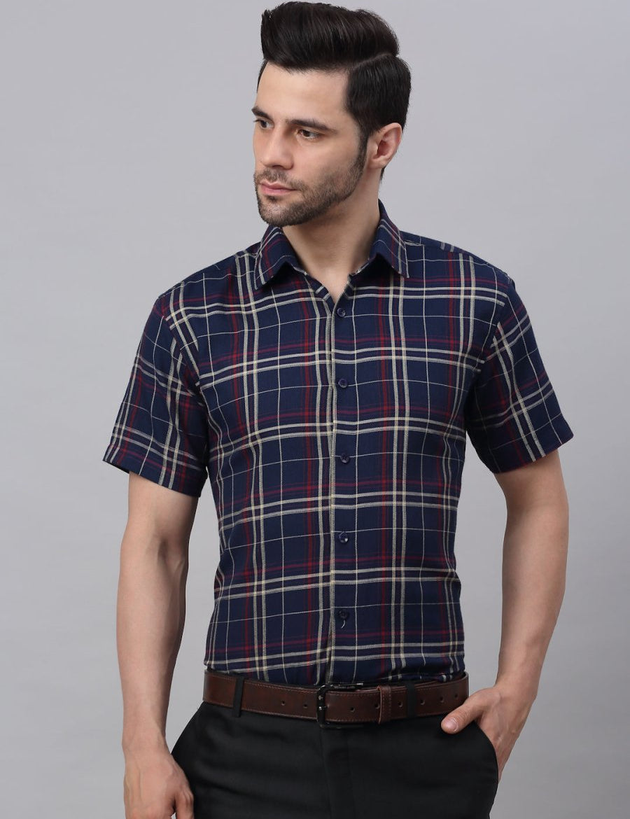 Men's Navy Half Sleeve Checked Formal Shirt - SF_837Navy_S