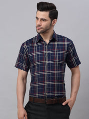 Men's Navy Half Sleeve Checked Formal Shirt - SF_837Navy_S