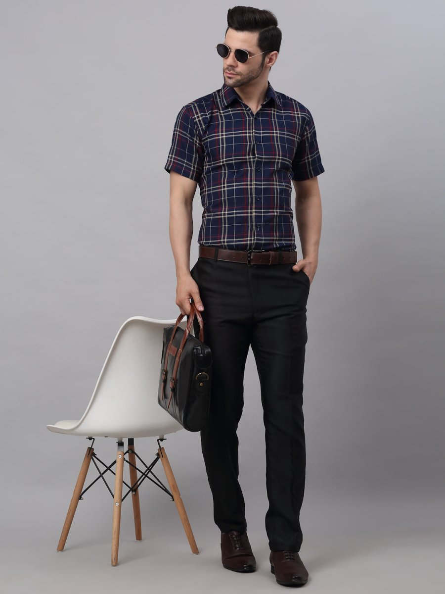 Men's Navy Half Sleeve Checked Formal Shirt - SF_837Navy_S