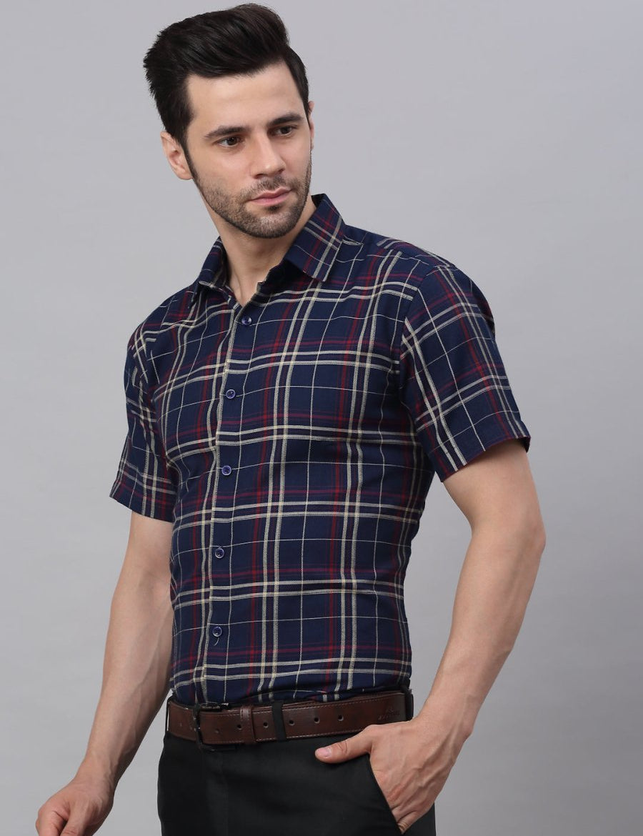 Men's Navy Half Sleeve Checked Formal Shirt - SF_837Navy_S
