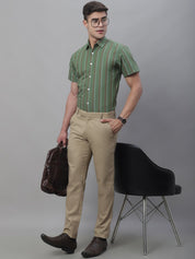 Men's Olive Green Striped Formal Shirt - SF_879Olive_S