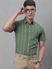 Men's Olive Green Striped Formal Shirt - SF_879Olive_S