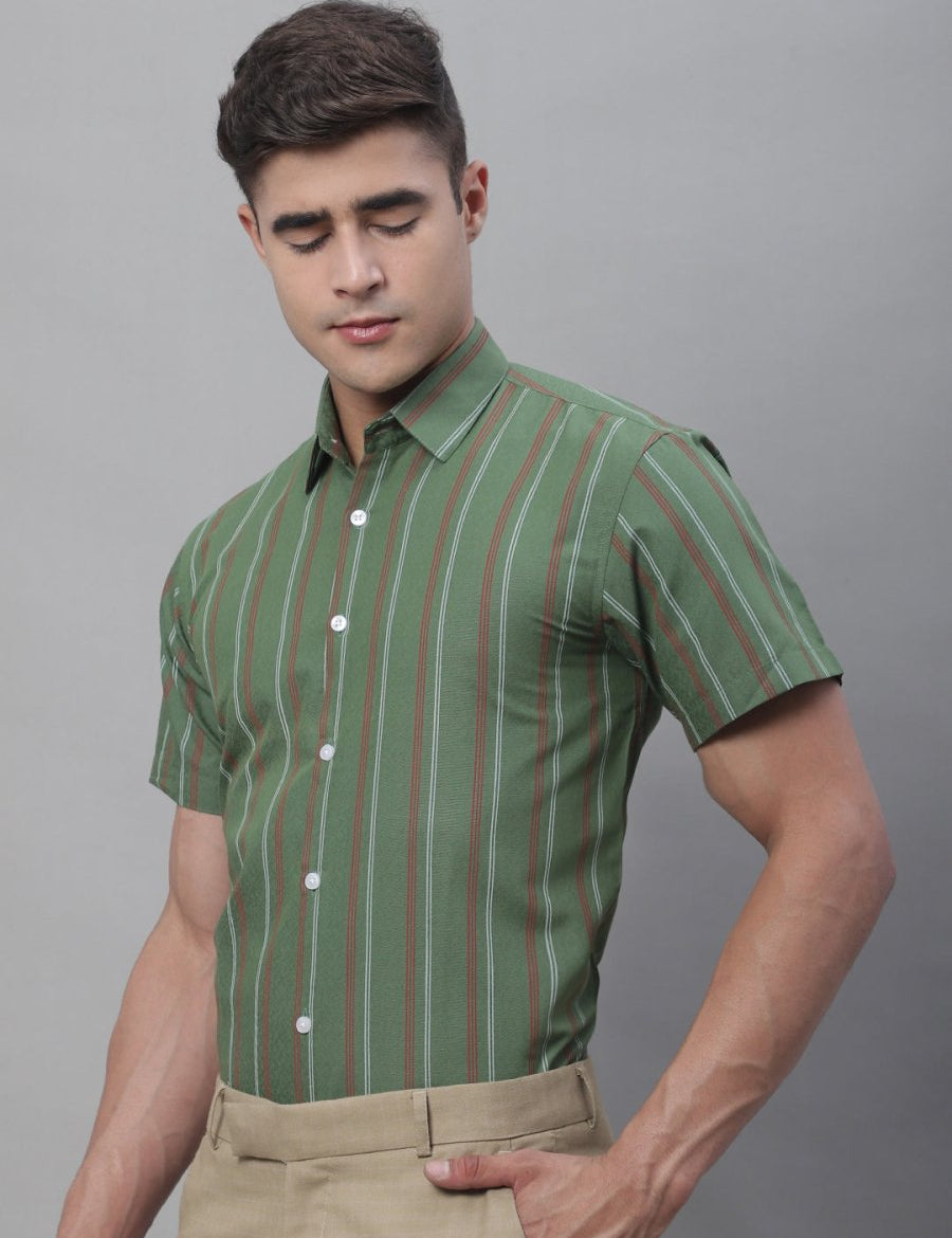 Men's Olive Green Striped Formal Shirt - SF_879Olive_S