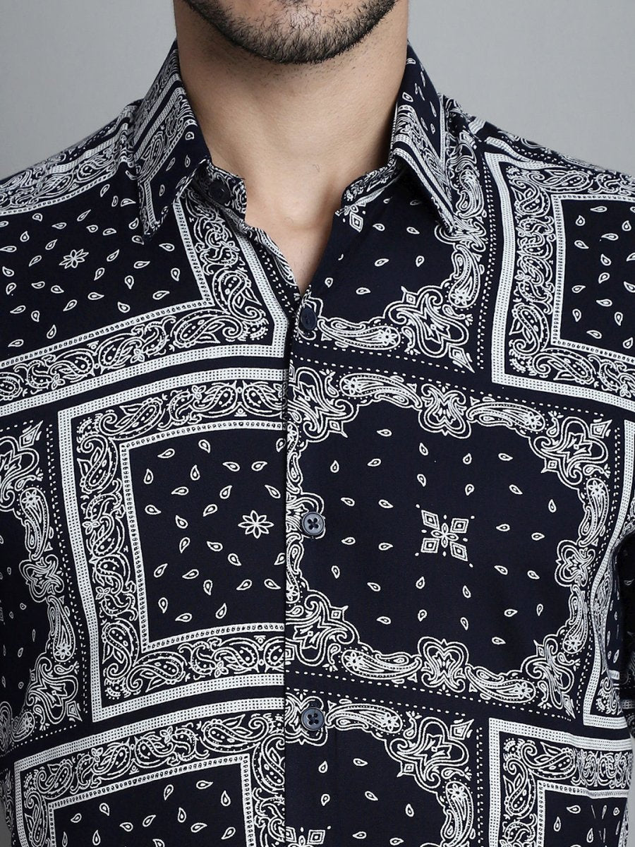 Men's Paisley Printed Formal Shirts - SF_895Navy_S
