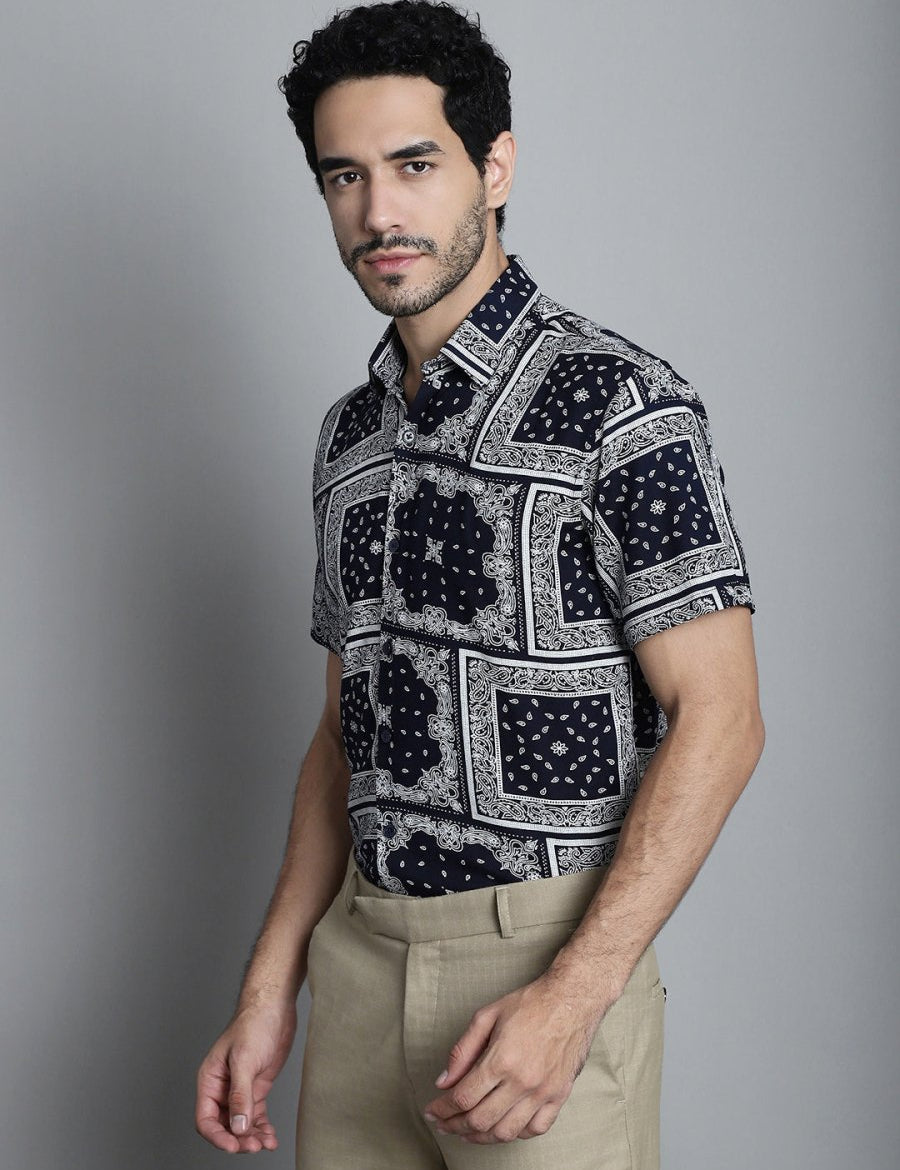 Men's Paisley Printed Formal Shirts - SF_895Navy_S