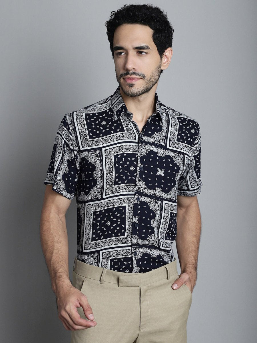 Men's Paisley Printed Formal Shirts - SF_895Navy_S