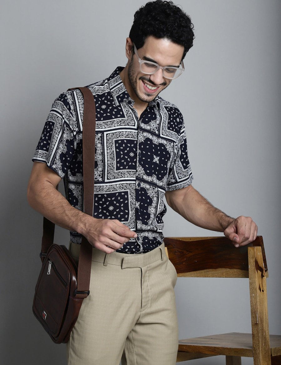 Men's Paisley Printed Formal Shirts - SF_895Navy_S